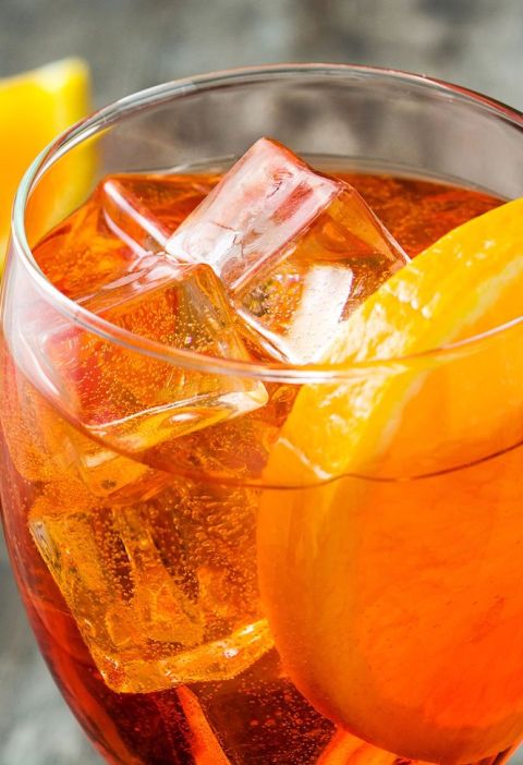 Photo of a classic Aperol Spritz recipe with orange wedge